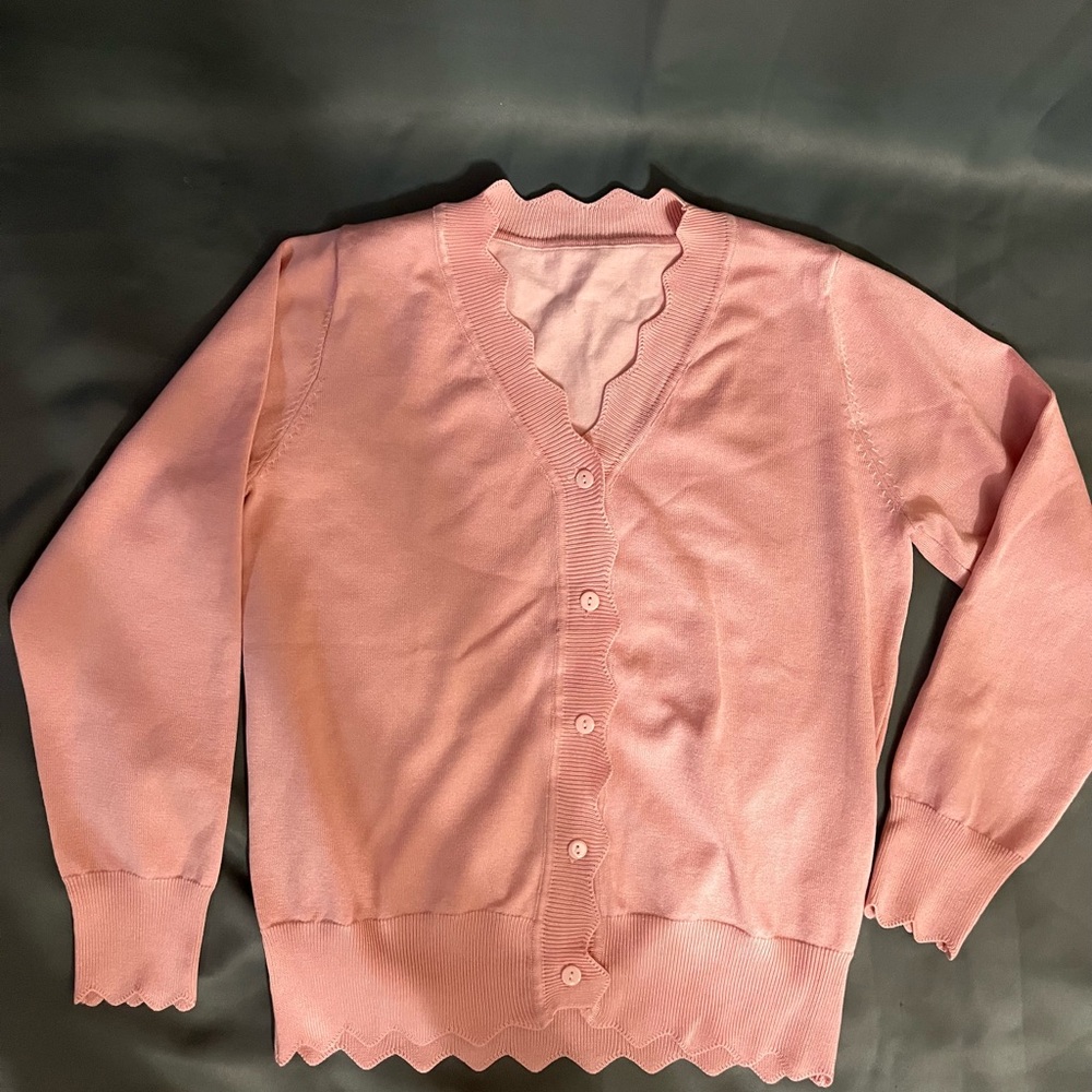Women's Pink Scallop-Trim Button Cardigan Sweater